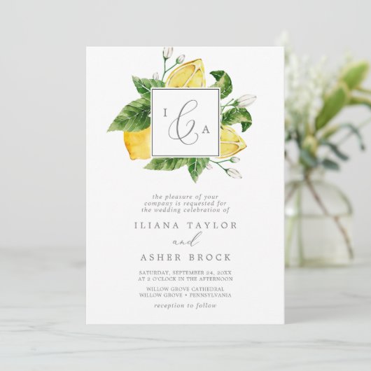 Modern Lemon Garden Formal Monogram Weddenschap Kaart (Staand voorkant)