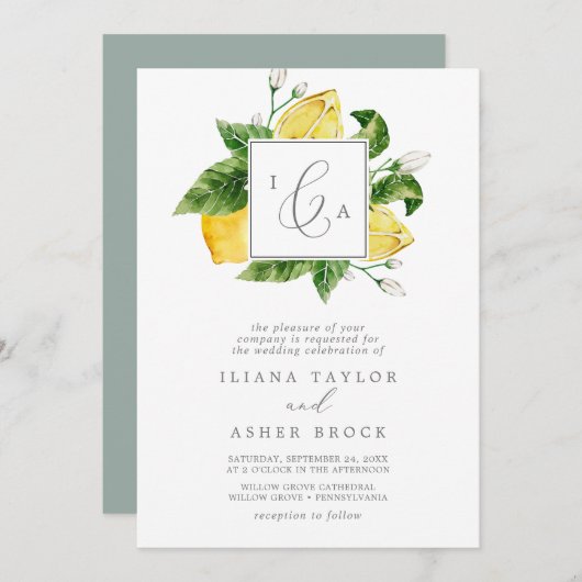 Modern Lemon Garden Formal Monogram Weddenschap Kaart (Voorkant / Achterkant)