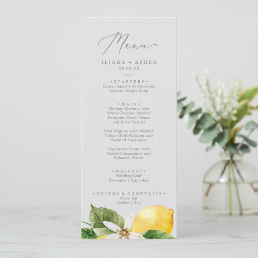 Modern Lemon Garden | Gray Weddenrenmenu Menu (Staand voorkant)