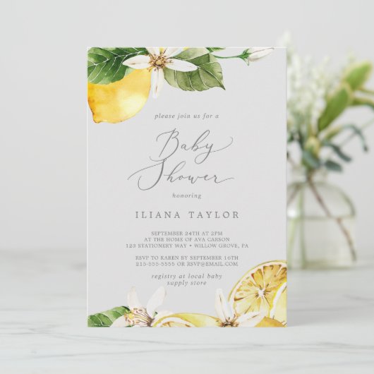 Modern Lemon Garden | Grijze Baby shower Kaart (Staand voorkant)