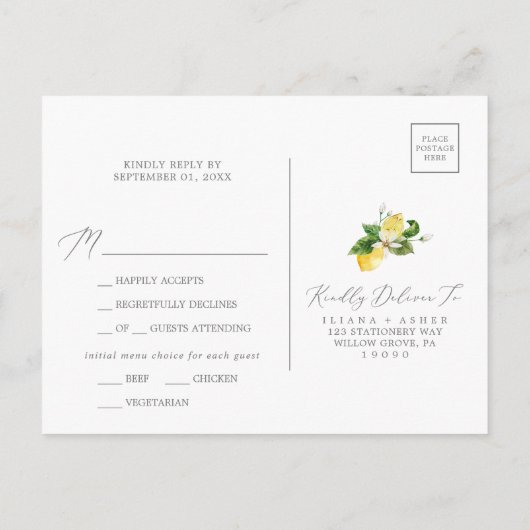 Modern Lemon Garden Menu RSVP Briefkaart (Achterkant)