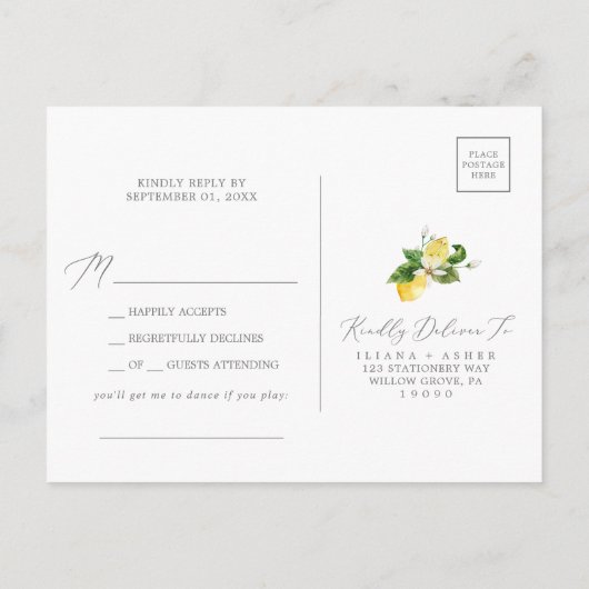 Modern Lemon Garden Song RSVP Briefkaart (Achterkant)