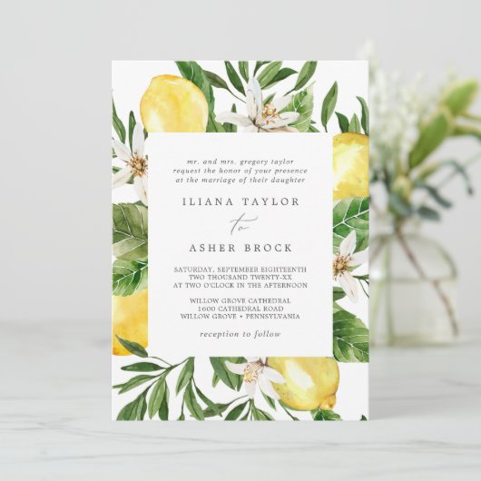 Modern Lemon Garden Wedding Invitation Kaart (Staand voorkant)