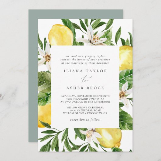 Modern Lemon Garden Wedding Invitation Kaart (Voorkant / Achterkant)