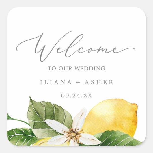 Modern Lemon Garden Wedding Welkom Vierkante Sticker (Voorkant)