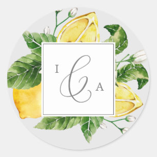 Modern Lemon   Grijze monogram bruiloft Envelope S Ronde Sticker