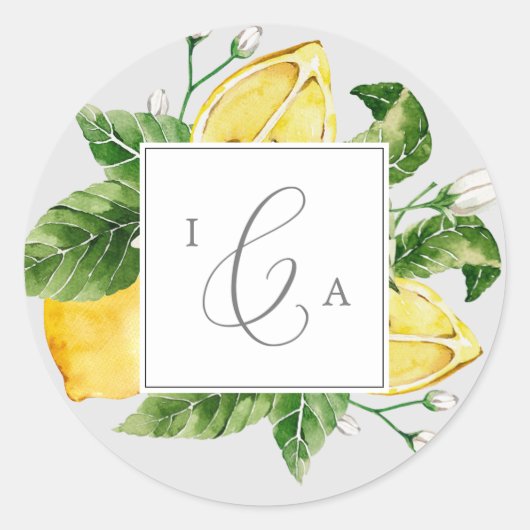 Modern Lemon | Grijze monogram bruiloft Envelope S Ronde Sticker (Voorkant)