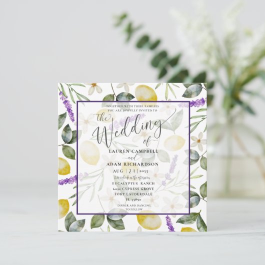 Modern Lemon & Lavender Foliage Weddenschap Kaart (Staand voorkant)