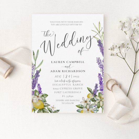 Modern Lemon & Lavender Foliage Wedding Kaart