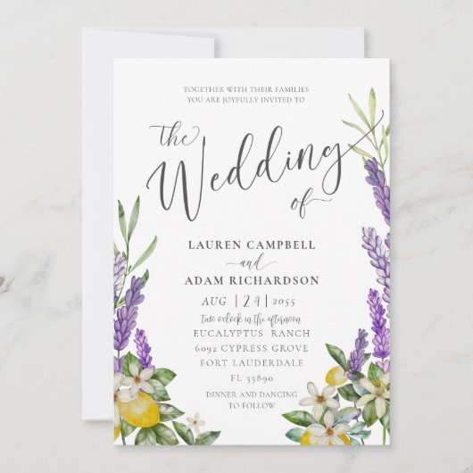 Modern Lemon & Lavender Foliage Wedding Kaart (Voorkant)