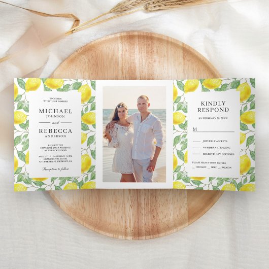 Modern Lemon Orchard Greenery Wedding Foto Drieluik Uitnodiging