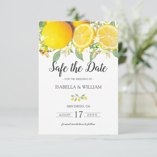 Modern Lemon Summer Wedding Save the Date Aankondiging (Staand voorkant)
