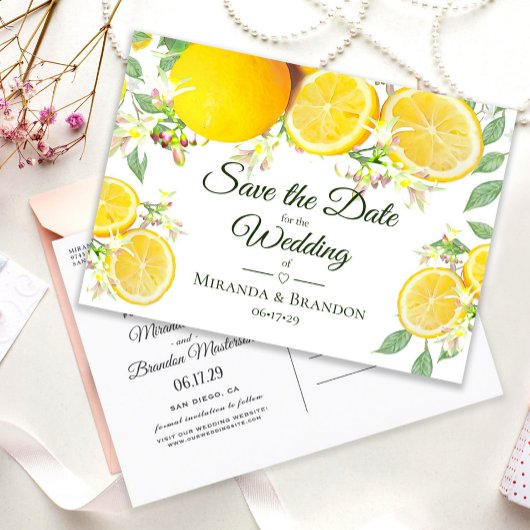 Modern Lemon Summer Wedding Save the Date Aankondigingskaart
