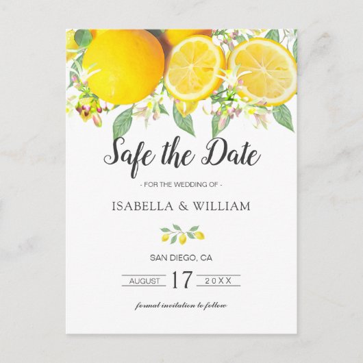 Modern Lemon Summer Wedding Save the Date Aankondigingskaart (Voorkant)