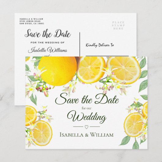 Modern Lemon Summer Wedding Save the Date Aankondigingskaart (Voorkant / Achterkant)