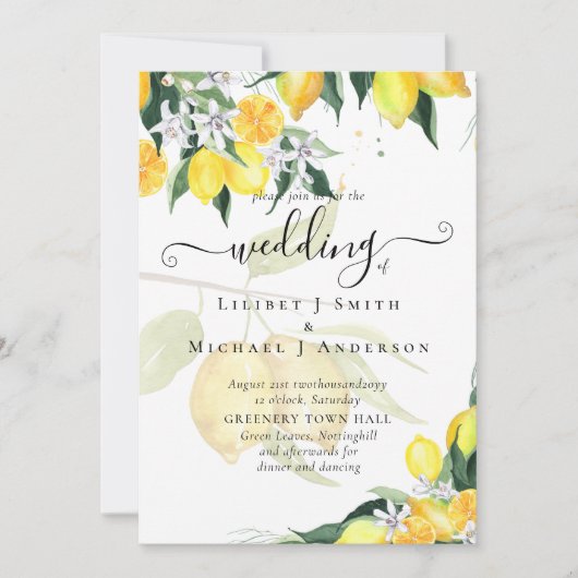 Modern Lemon Tree Wedding Invite Elegant Kaart (Voorkant)