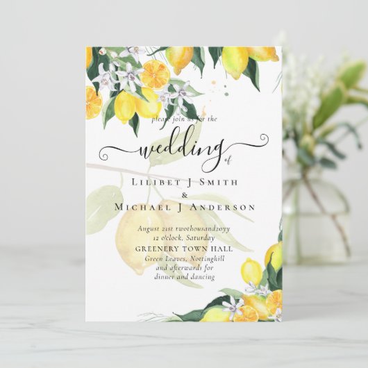 Modern Lemon Tree Wedding Invite Elegant Kaart (Staand voorkant)