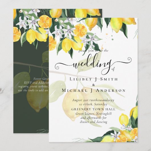 Modern Lemon Tree Wedding Invite Elegant Kaart (Voorkant / Achterkant)