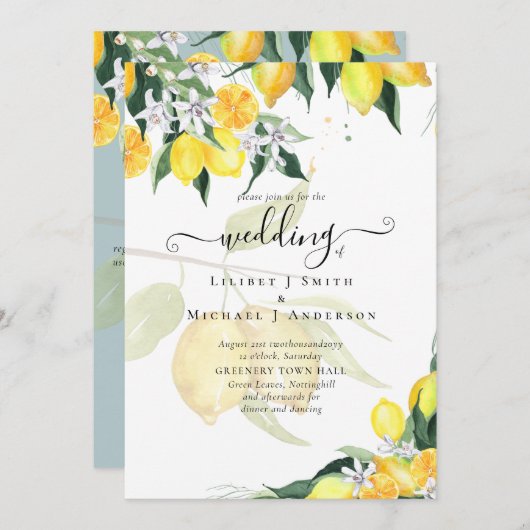 Modern Lemon Tree Wedding Invite Elegant Kaart (Voorkant / Achterkant)