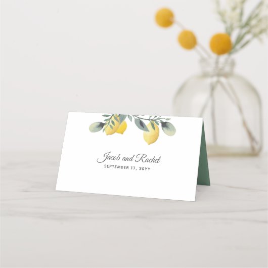 Modern Lemon & Waterverf Bloemen Huwelijk Plaatskaartje (Achterkant)