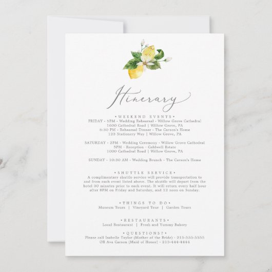 Modern Lemon Wedding Welcome Letter & Itinerary (Achterkant)