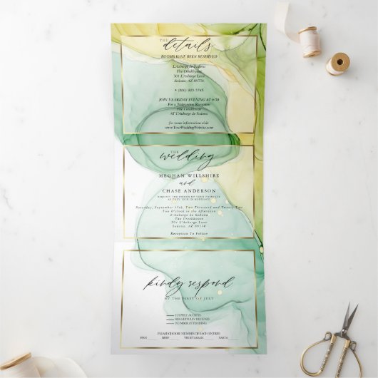 Modern Lemon Yellow Green Abstracte inkt Drieluik Uitnodiging (Binnen)