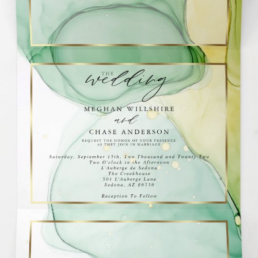 Modern Lemon Yellow Green Abstracte inkt Drieluik Uitnodiging (Binnenkant midden)