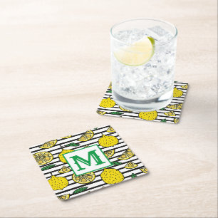 Modern Lemon Zwart & Wit Patroon Monogram Kartonnen Onderzetters