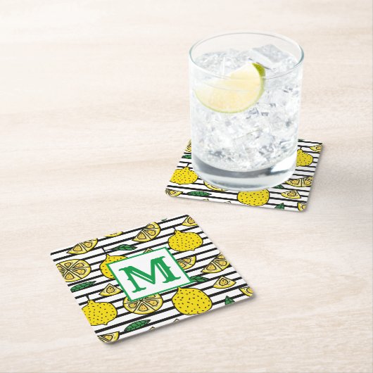 Modern Lemon Zwart & Wit Patroon Monogram Kartonnen Onderzetters (Insitu)