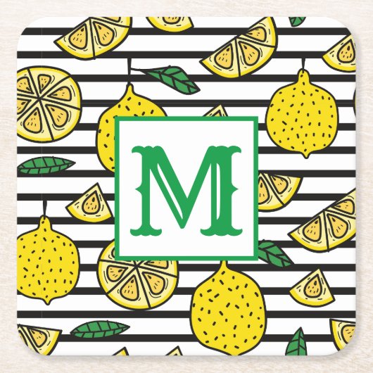 Modern Lemon Zwart & Wit Patroon Monogram Kartonnen Onderzetters (Voorkant)