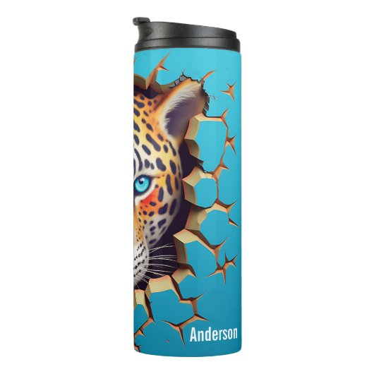 Modern Leopard 3D Animal Blue Thermosbeker (Geroteerd rechts)
