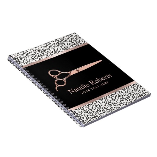 Modern Leopard Hair Stylist Roos Gold Scissor Notitieboek (Rechterzijde)