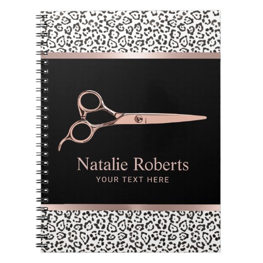 Modern Leopard Hair Stylist Roos Gold Scissor Notitieboek (Voorkant)