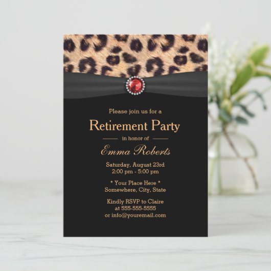 Modern Leopard Print & Ruby Pareltjes Retirement P Kaart (Staand voorkant)