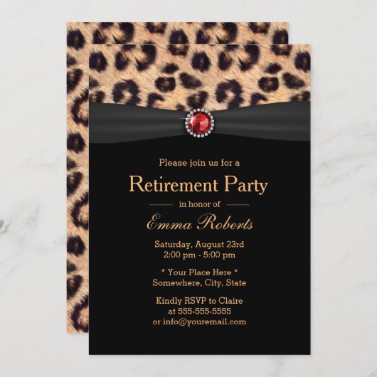 Modern Leopard Print & Ruby Pareltjes Retirement P Kaart (Voorkant / Achterkant)