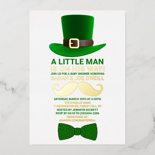 Modern Leprechaun St. Patrick's Day Baby shower Folie Uitnodiging (Voorkant)