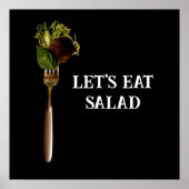 Modern Let's Eat Salad Food on Fork Black Poster (Voorkant)