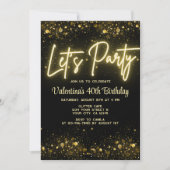 Modern Let's Party Zwart en Goud Neon Glow Light Kaart (Voorkant)