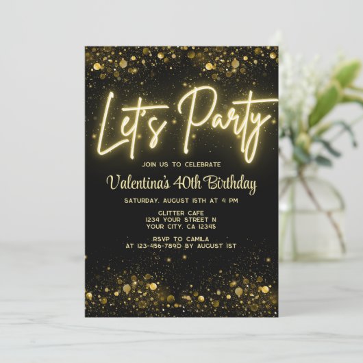 Modern Let's Party Zwart en Goud Neon Glow Light Kaart (Staand voorkant)