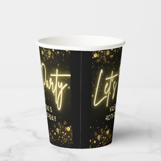 Modern Let's Party Zwart en Goud Neon Glow Light Papieren Bekers (Rechts)