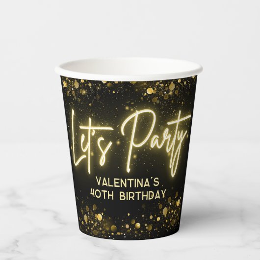 Modern Let's Party Zwart en Goud Neon Glow Light Papieren Bekers (Voorkant)