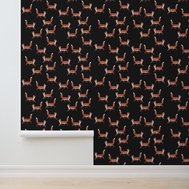 Modern  Leuk Rood Vos Patroon op Zwart Behang (Applicatie)