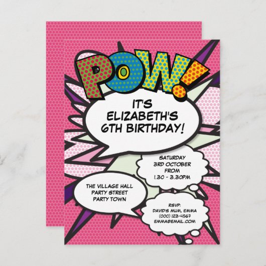 Modern leuk roze verjaardagsfeest strip POW Uitnodiging Briefkaart (Voorkant / Achterkant)