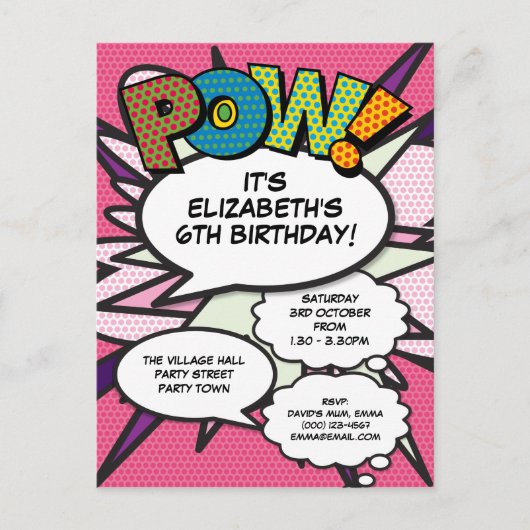 Modern leuk roze verjaardagsfeest strip POW Uitnodiging Briefkaart (Voorkant)