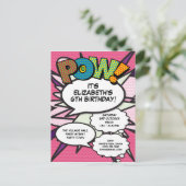 Modern leuk roze verjaardagsfeest strip POW Uitnodiging Briefkaart (Staand voorkant)