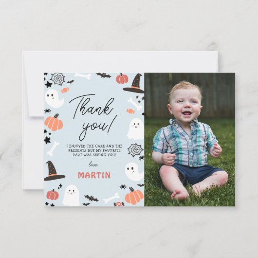 Modern Leuk Spooky Een Halloween Jongen 1e Verjaar Bedankkaart (Voorkant)