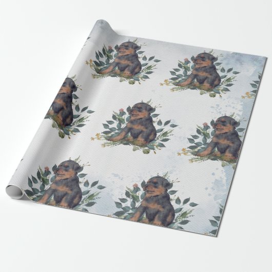 Modern Leuke Waterverf Puppy Dog Floral Cadeaupapier (Uitgerold)