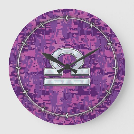 Modern Libra Zodiac Symbol on Fuchsia Digital Camo Grote Klok (Voorkant)