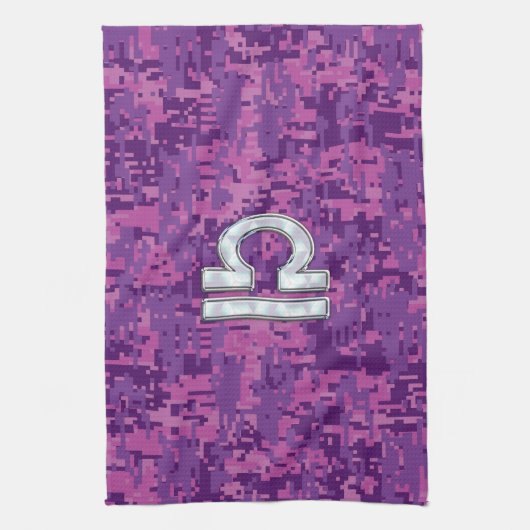 Modern Libra Zodiac Symbol on Fuchsia Digital Camo Theedoek (Verticaal)