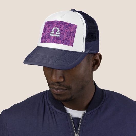 Modern Libra Zodiac Symbol on Fuchsia Digital Camo Trucker Pet (In situ)